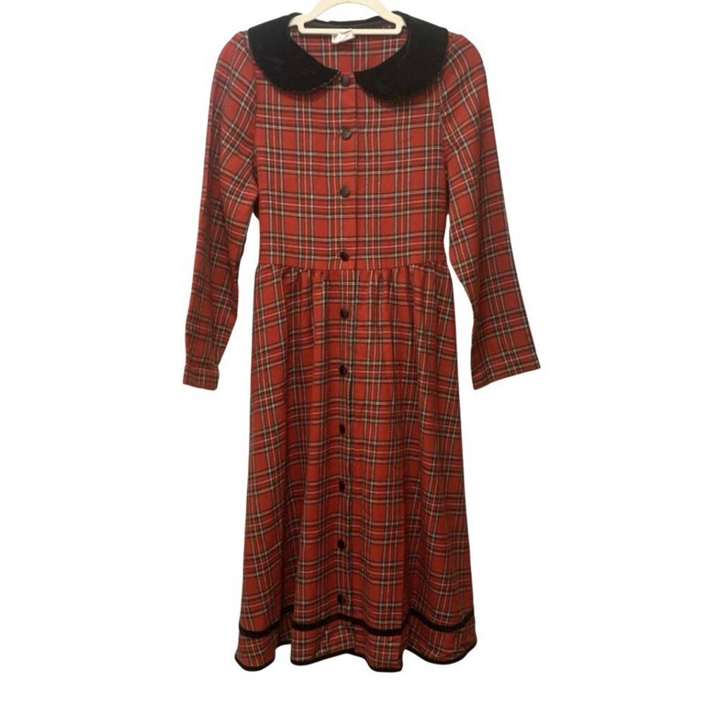 Vintage Ruth of Carolina Girls 16 Red Tartan Plaid Dress Velvet Peter Pan Collar